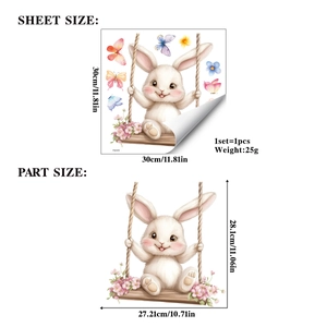 Detail view of Easter bunny window cling with dimensions and sheet size specifications