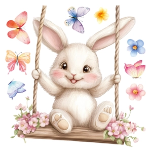 Easter bunny on wood swing static cling decal with watercolor flowers and butterflies