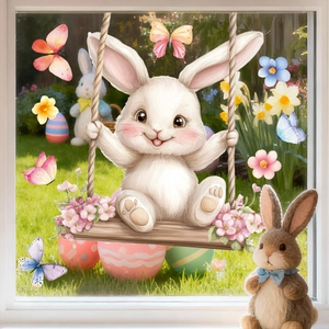 Easter Bunny Window Cling Static PVC Sticker Removable Watercolor Rabbit On Swing Butterfly Flower Decal Home Glass Decoration