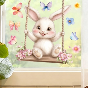 Easter bunny swinging on glass sticker with colorful butterflies for window decoration