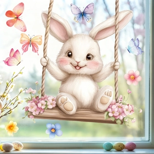 Easter window clings featuring a cute bunny on a swing with butterflies and flowers
