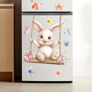 Close-up of Easter bunny on swing window sticker applied to a modern silver refrigerator