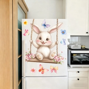 Detailed view of an Easter bunny on a swing window sticker applied to a white refrigerator