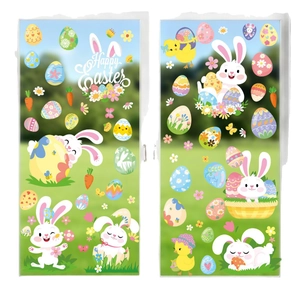 Easter window decals set featuring cartoon rabbits, colorful eggs, and flowers for glass decor