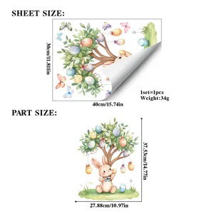 Detailed size chart for Easter static window stickers featuring bunny and butterfly designs