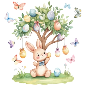 Easter bunny window sticker with colorful eggs and butterflies in watercolor style