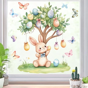 Easter bunny window cling with colorful eggs tree and butterflies on clear glass