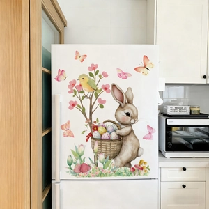 Detailed watercolor Easter bunny and flower decals applied on a white modern refrigerator