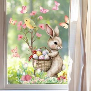 Easter static window clings featuring cartoon bunny with egg basket and spring butterflies