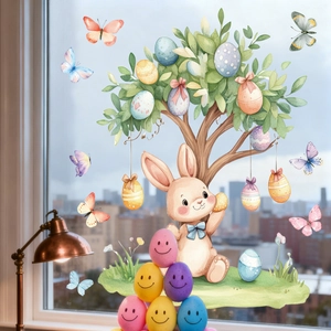 Easter window clings featuring a watercolor bunny, festive egg tree, and colorful butterflies