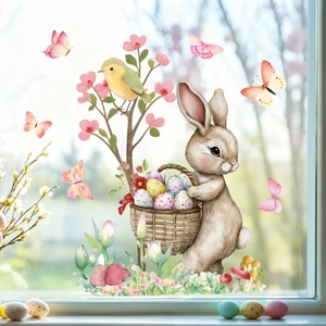 Easter window stickers featuring watercolor rabbits, eggs and flowers for home decoration