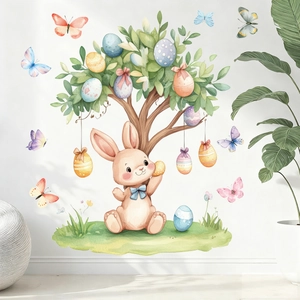 Easter wall stickers with watercolor bunny, butterfly, and egg tree for window decoration