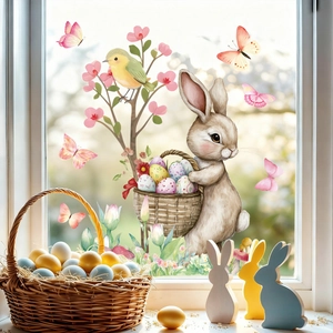 Easter window clings featuring cartoon bunnies and eggs on glass with soft pastel colors