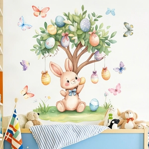 Easter wall sticker showing a watercolor tree with eggs and a cute bunny in a kid room