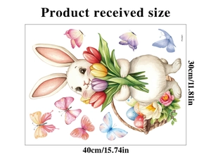 Detailed size guide of Easter bunny window cling with flowers and butterflies, 30x40cm