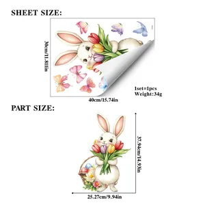 Detailed size chart showing dimensions for Easter bunny and egg window static cling stickers