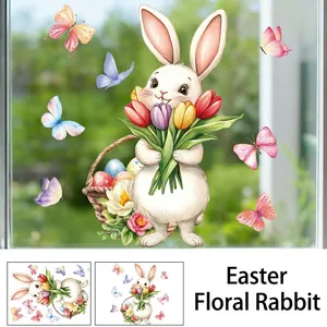 Watercolor Easter bunny window cling set with flowers and eggs measuring 30x40 cm