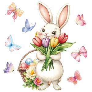Easter window sticker featuring watercolor bunny with tulips, colorful eggs and butterflies