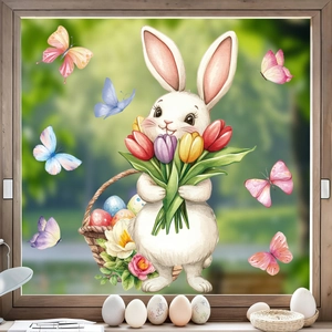 Easter static window stickers with cute white bunny, flower basket, and colorful butterflies
