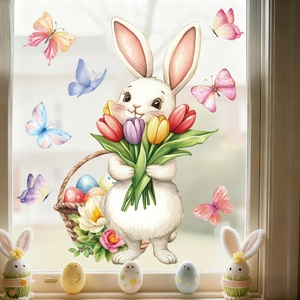 Easter bunny and floral window clings with colorful eggs and butterflies on glass