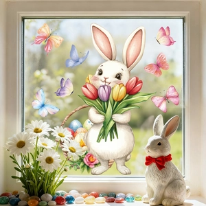 Detail of Easter static window clings with a cute white bunny and colorful flower basket