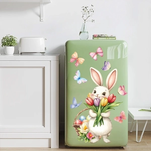 Easter bunny static window sticker with watercolor flowers and colorful eggs on fridge