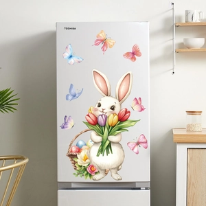 Easter static window stickers featuring cute bunny and colorful eggs on white refrigerator