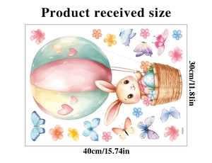 Detailed sheet of watercolor Easter bunny in a hot air balloon with butterfly stickers