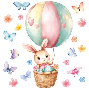 Easter wall sticker with watercolor rabbit in hot air balloon and colorful butterflies