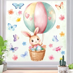 Easter Wall Stickers PVC Watercolor Cartoon Rabbit Hot Air Balloon Butterfly Window Decals For Kids Nursery Room Decor