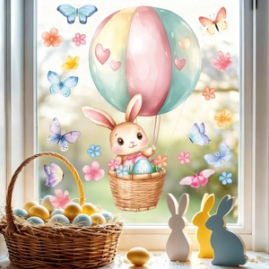 Easter static window clings with cartoon rabbit in hot air balloon and floral accents