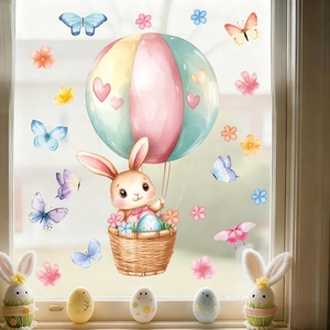 Easter cartoon bunny in hot air balloon window stickers with watercolor flowers and butterflies