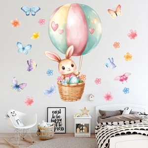 Easter wall sticker detail showing bunny in hot air balloon with butterflies in a nursery