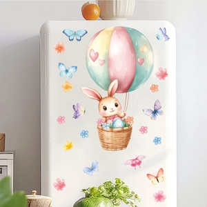 Close-up of Easter wall stickers with watercolor bunny in a hot air balloon and butterflies