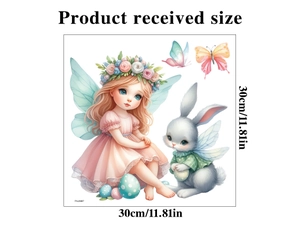 30x30cm Easter static window sticker featuring cartoon fairy girl, bunny and colorful eggs