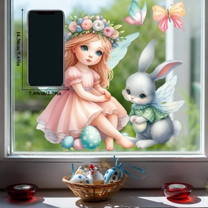 Close-up of Easter static window cling showing a fairy and bunny with size measurements