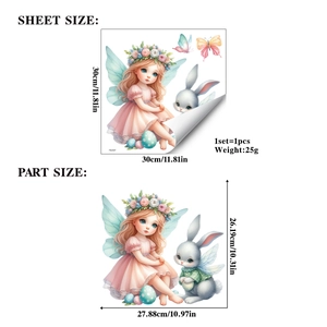 Detail view of Easter window decals showing cartoon angel, rabbit and sticker dimensions