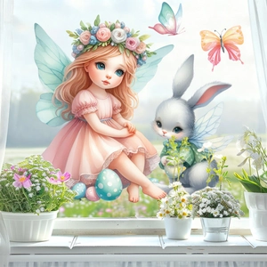 Easter static window clings featuring cartoon flower angel girl, winged bunny and eggs