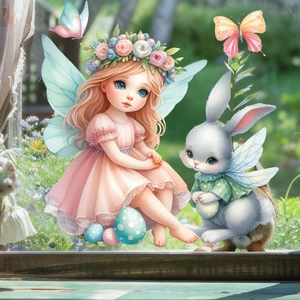 Easter static window sticker featuring cartoon fairy with bunny and eggs on glass