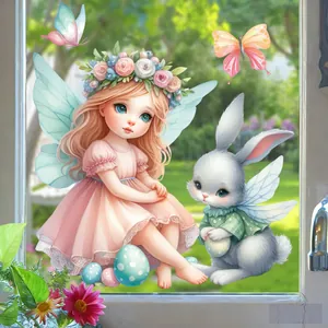 Detail of Easter static window sticker featuring cartoon angel, rabbit and colorful eggs
