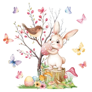 Easter window sticker set featuring watercolor bunny, colorful eggs and spring garden scene