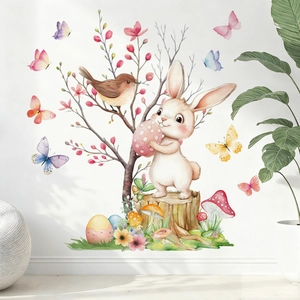 Cartoon Easter bunny and bird wall stickers with colorful eggs for window decoration