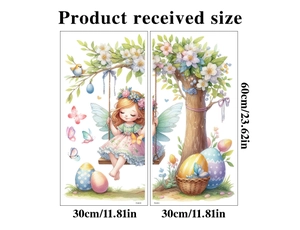 Detailed sheet size of Easter fairy wall decals with colorful flowers and eggs