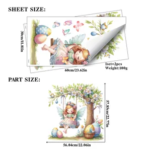 Detailed size chart for Easter fairy wall stickers showing dimensions and 2pcs set layout