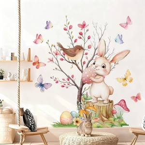 Easter wall stickers with bunny, colorful eggs and birds for window glass decoration