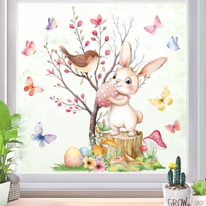 Detailed watercolor Easter window stickers featuring rabbits, birds, and colorful eggs