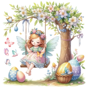 Easter window decals featuring a fairy on a cherry blossom swing with colorful eggs