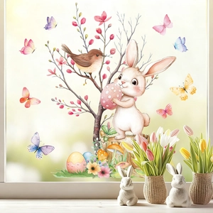 Detailed view of Easter window stickers featuring watercolor bunnies, eggs and birds