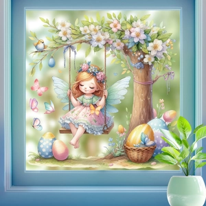 Detailed watercolor Easter window sticker featuring a flower fairy and decorative eggs