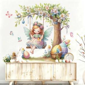 Detail of Easter wall sticker featuring a fairy on a swing with floral tree and colorful eggs